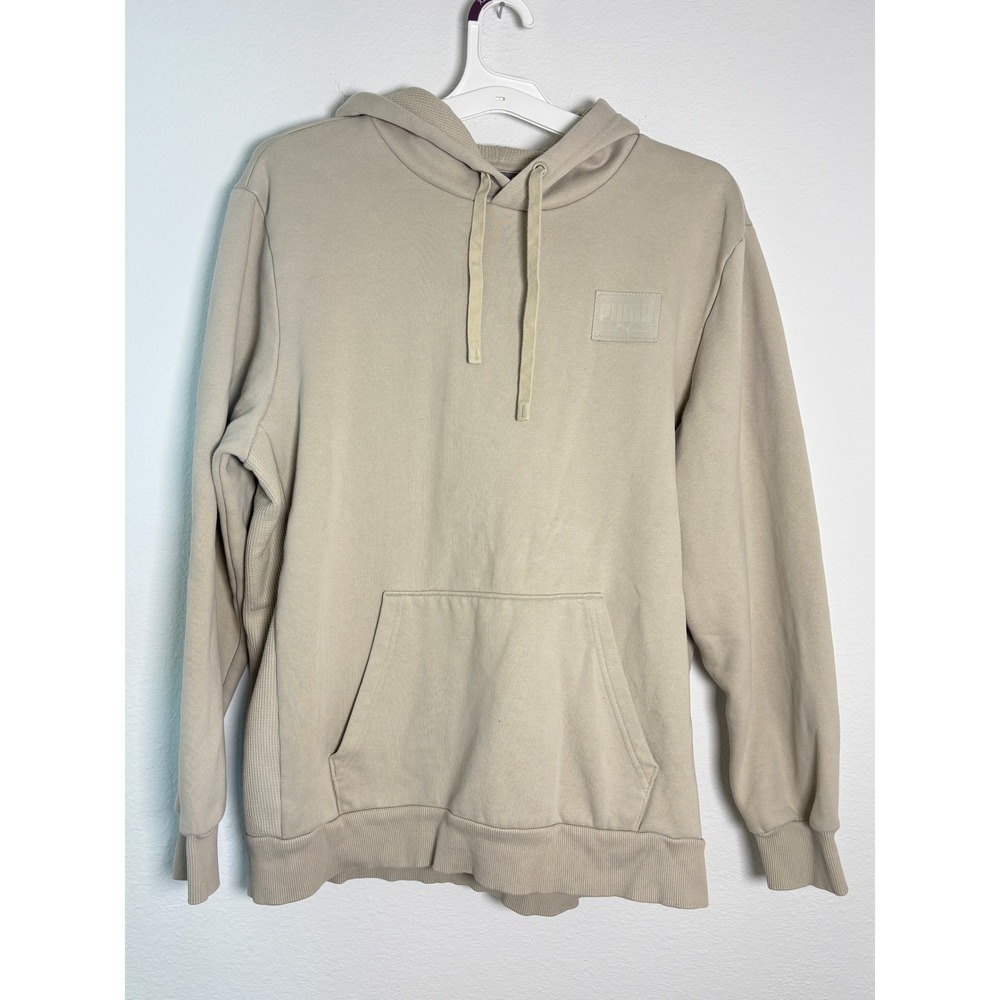 Puma Mens Fleece Hoodie Tan Beige Waffle Side Panels Logo Sweatshirt Large